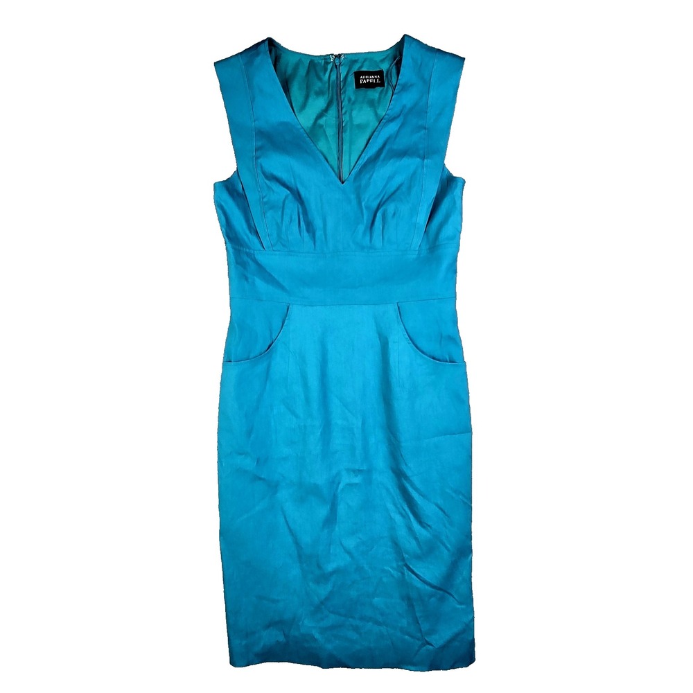 Adrianna Papell Teal Shutter Pleat Sheath Dress Size 8 Lined Linen Blend - Picture 1 of 9